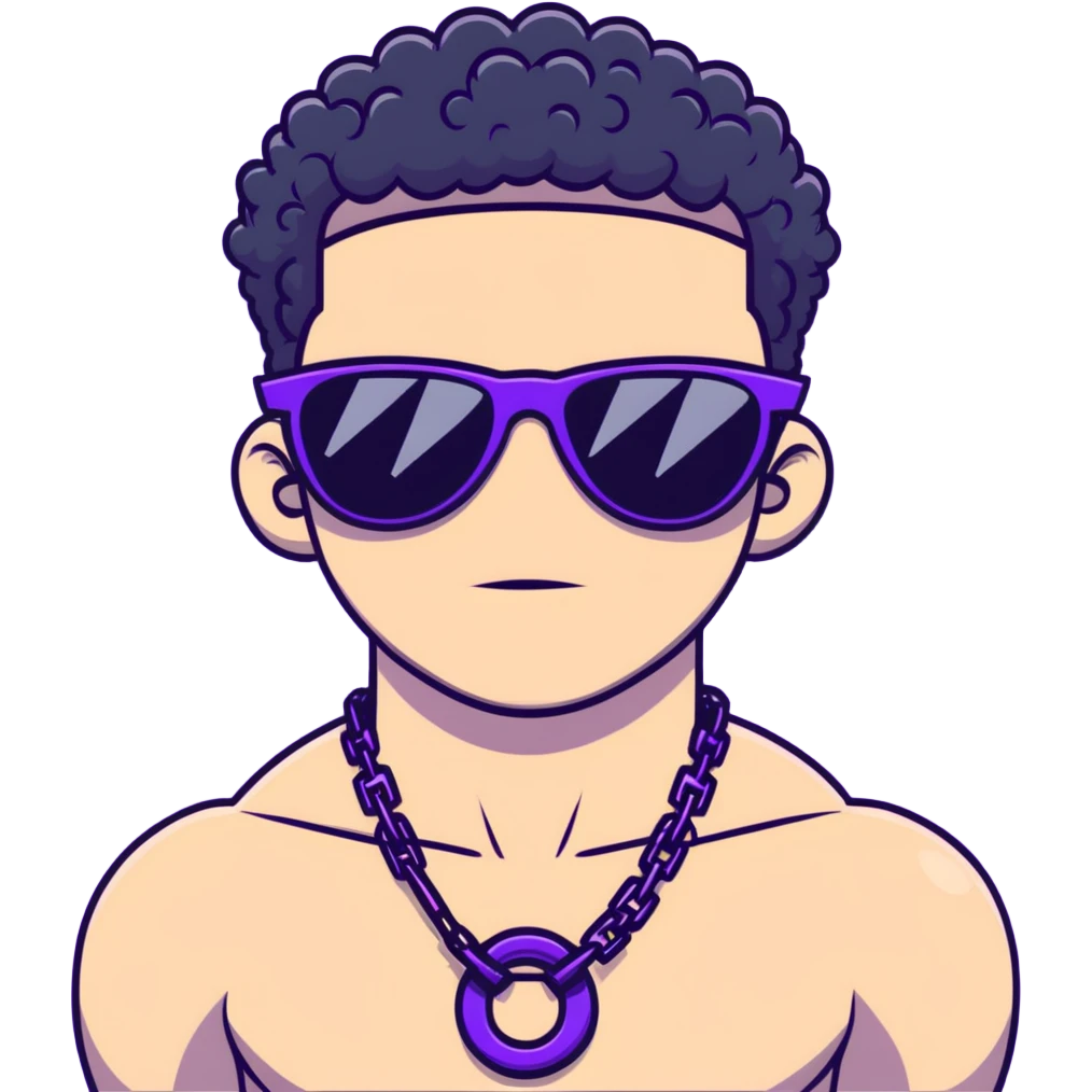 shirtless male athlete with white skin and moderately curly black hair on top with shaved sides, wearing purple sunglasses with very dark heavily tinted black lenses, and a simple plain black chain necklace with absolutely no pendant or decoration emoji