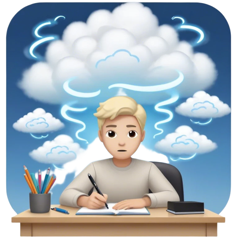 A person sits at a desk by swirling stress clouds. In front of them, a glowing version of their "future self" reaches out, handing them a pen. As they take the pen, the stress clouds begin to dissolve, symbolizing how action breaks procrastination  emoji