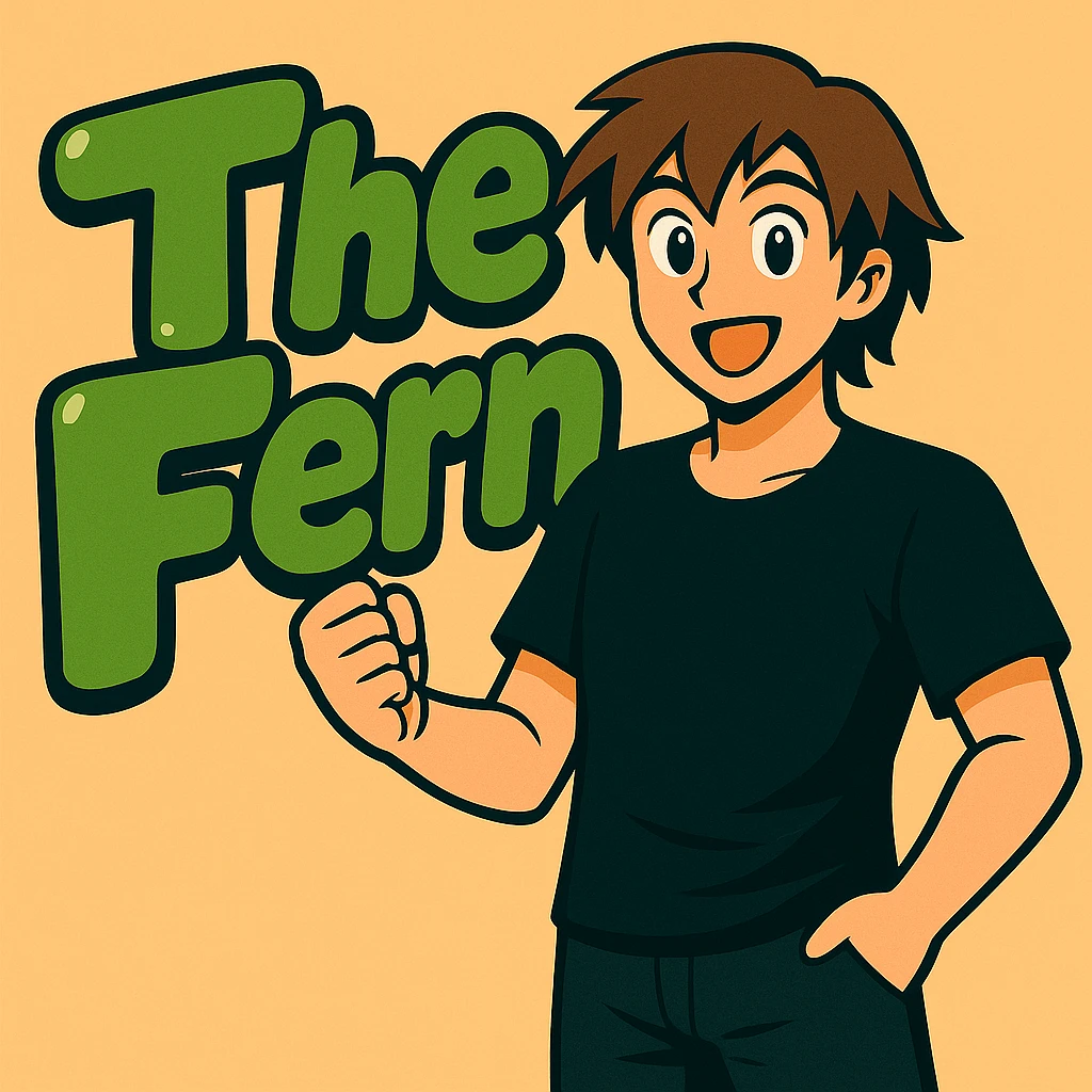Edit the anime man to wear a black t-shirt with no jacket, standing in front of green bubble letters that say 'The Fern'. Keep his medium-length brown hair and expressive anime face. Maintain a vibrant, cartoonish, eye-catching vibe in the style of the original image. emoji