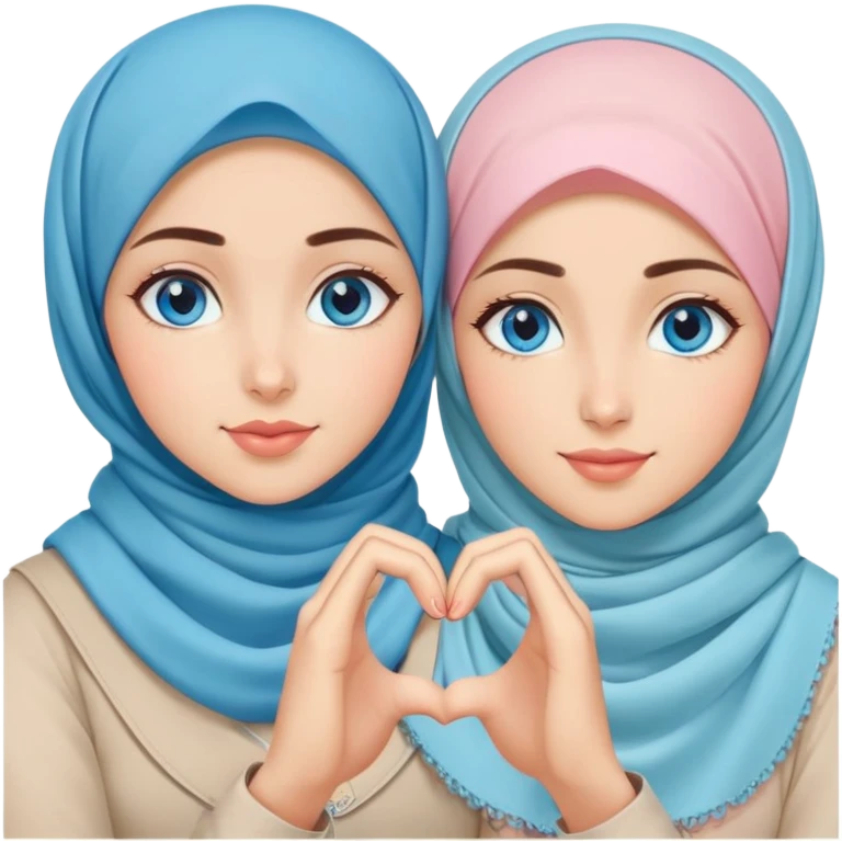 Turkish beautiful finish Konya two girls blue eyes with pastel hijab and making love heart with hand gesture emoji