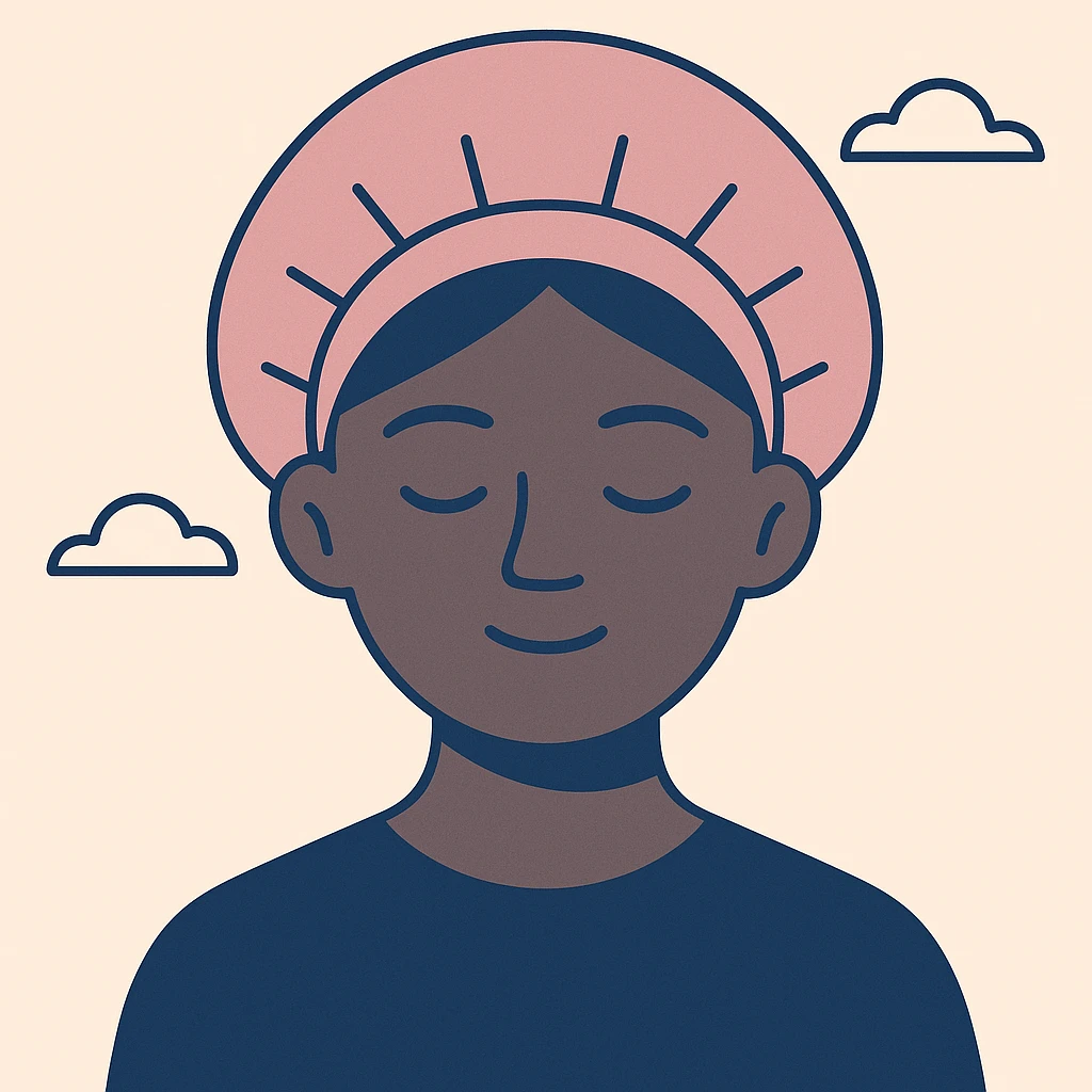 black girl with eyes closed wearing a pink bonnet, clean modern illustration style emoji