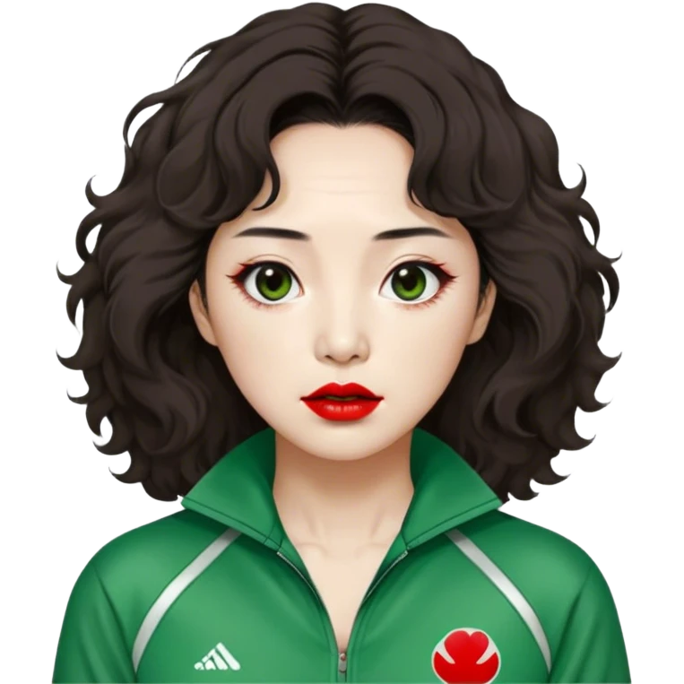 Han Mi-nyeo: Age Late 70s
Appearance: A crazy woman with many wrinkles face, frizzy, very messy dark brown hair and dramatic red lipstick.
Outfit: Green player tracksuit emoji
