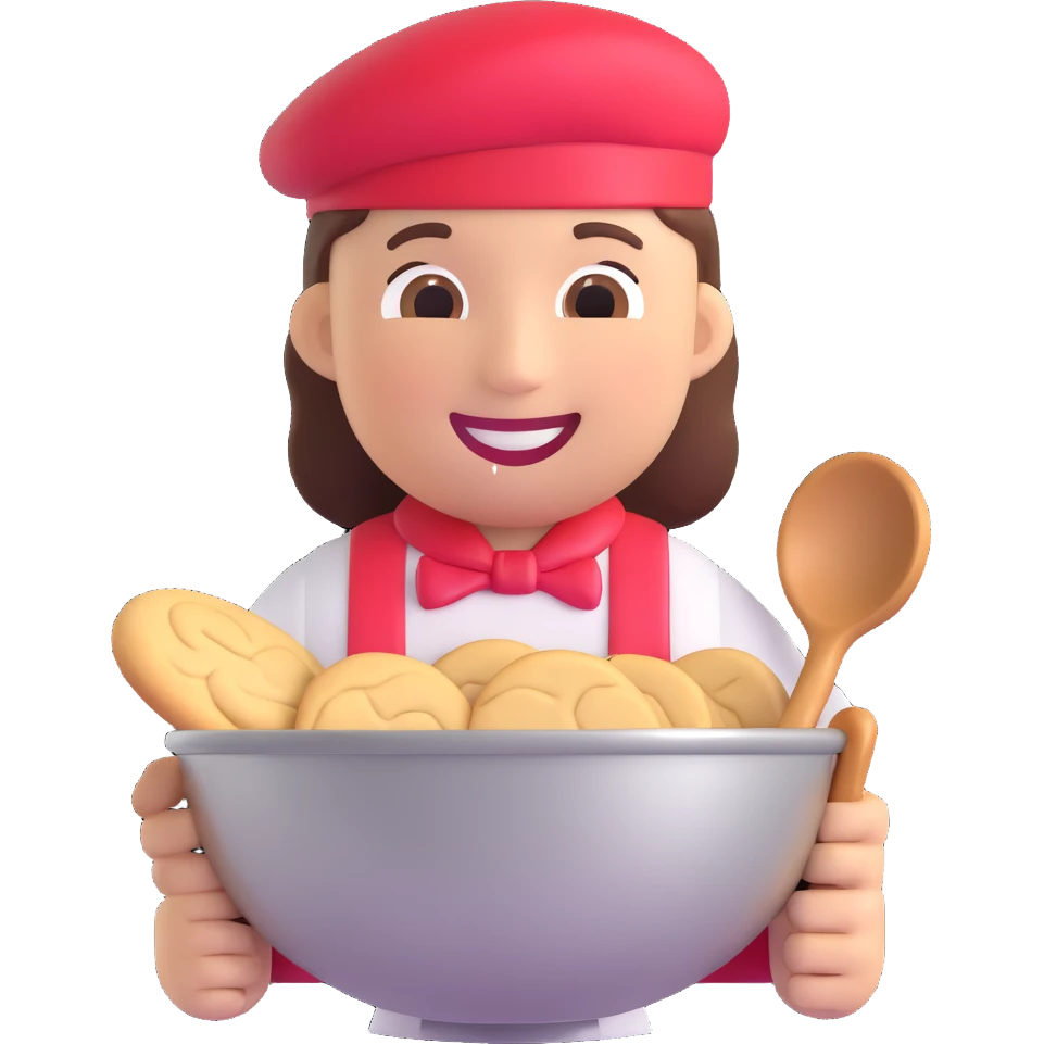 cookie factory worker emoji, smiling, holding a mixing bowl emoji