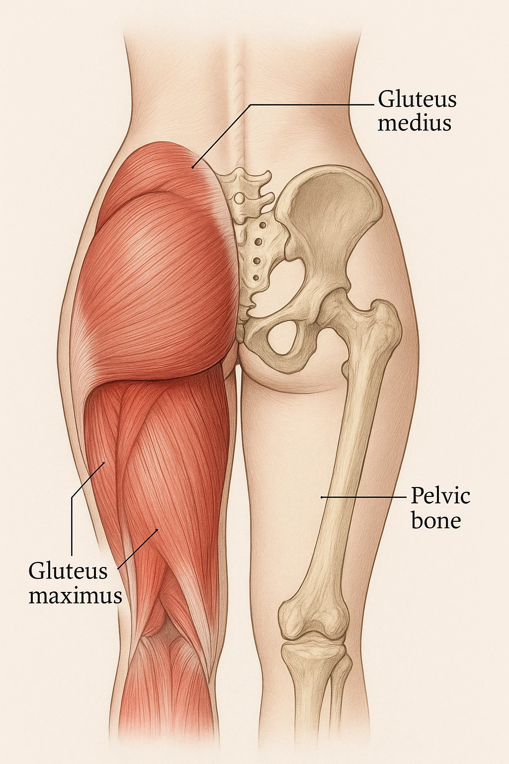 Anatomical view of the female gluteus with highlighted muscles and pelvic bones, inspired by the reference photo. Medical style with a neutral background. emoji