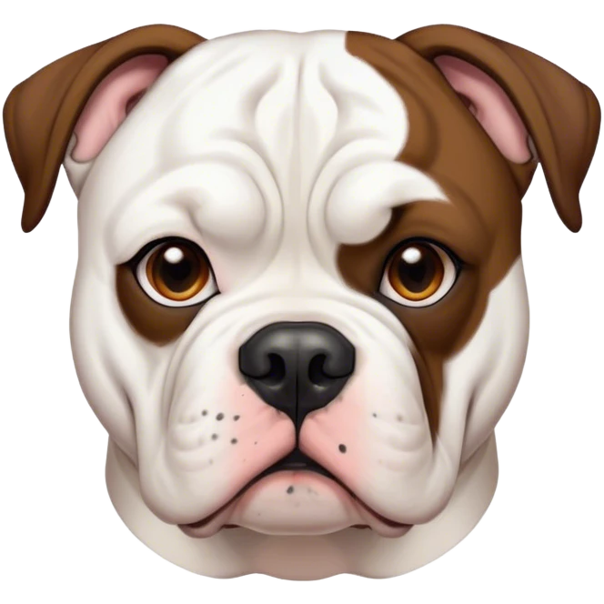 Cinematic Noble Black and White American Bulldog Portrait Emoji, Poised and regal, with a strong, muscular build and a striking black and white coat, deep-set soulful brown eyes, Simplified yet sharp and sophisticated features, highly detailed, glowing with a soft, dignified glow, high shine, intelligent and loyal, stylized with an air of strength, focused and attentive, soft glowing outline, capturing the essence of a watchful and confident guardian, so majestic it feels as though it could step out of the screen with effortless authority! emoji