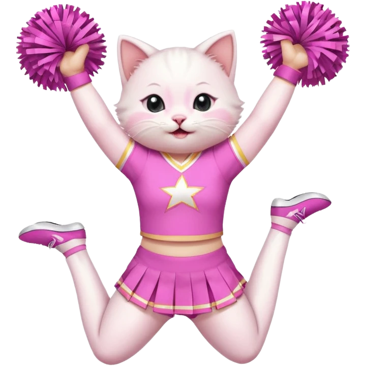 A cute chubby white kitten cheerleader in pastel uniform jumping in cheer pose. emoji
