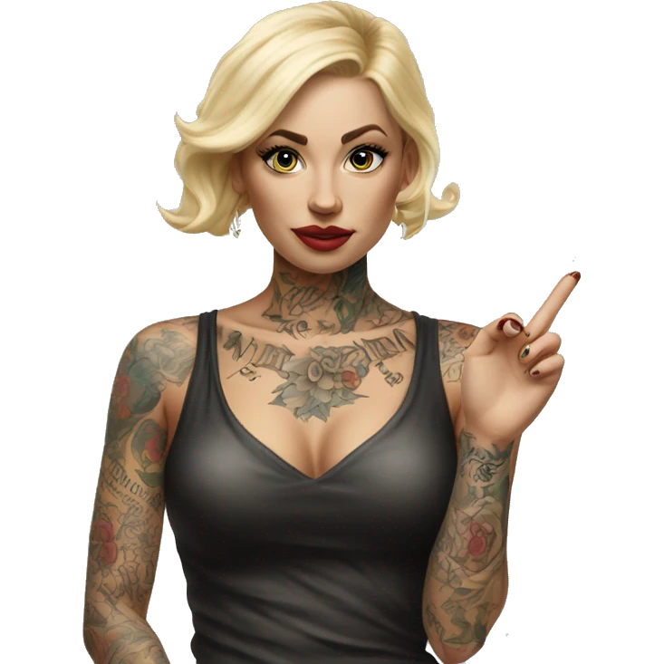 Blonde elegant women, her Body Covered with Tattoos, POINTING to YOU FORWARD with her ONE HAND , Hyper realistic emoji