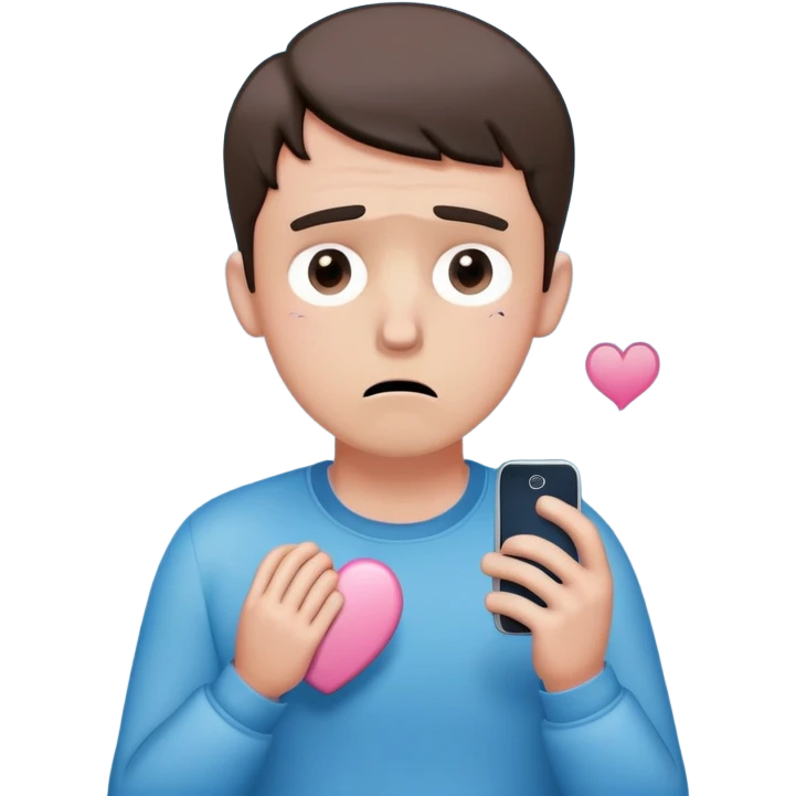 anxious man with wide worried eyes and slightly frowning mouth overthinking with sweat drops, a cracked heart symbol nearby, holding a phone in hand, body posture tense and reaching forward showing fear of abandonment, minimal soft rounded design with gentle blue and pink colors emoji