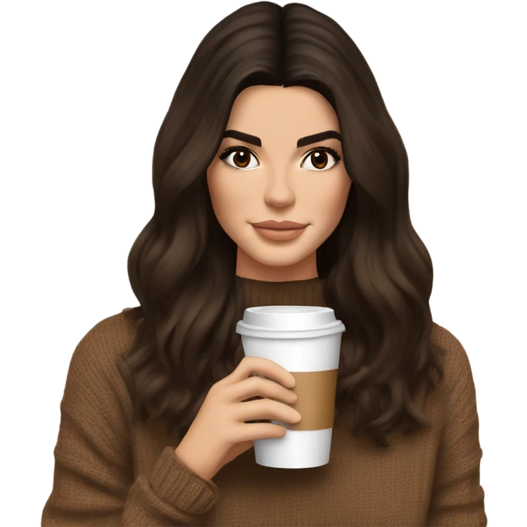 brunette Kendall Jenner with soft and long and brown hair her eyes brown and sipping coffee Her hair is wavy and shiny With brown sweater just one  emoji