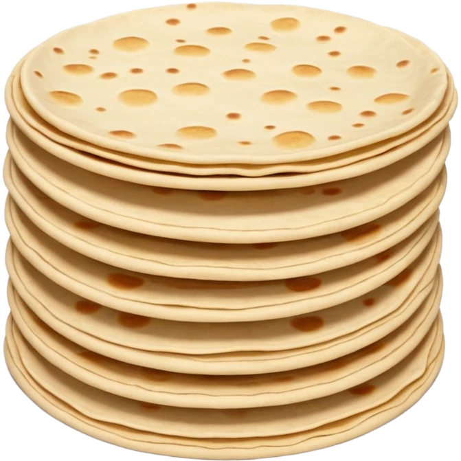 stack of soft round tortillas 2 to 3 light beige to golden brown spots irregular curled edges smooth flour-dusted matte surface no plate no extras soft lighting subtle shadows emoji scale emoji