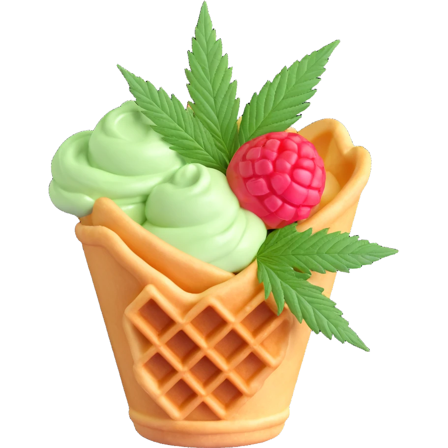 colorful gelato in a waffle cup with cannabis leaf emoji