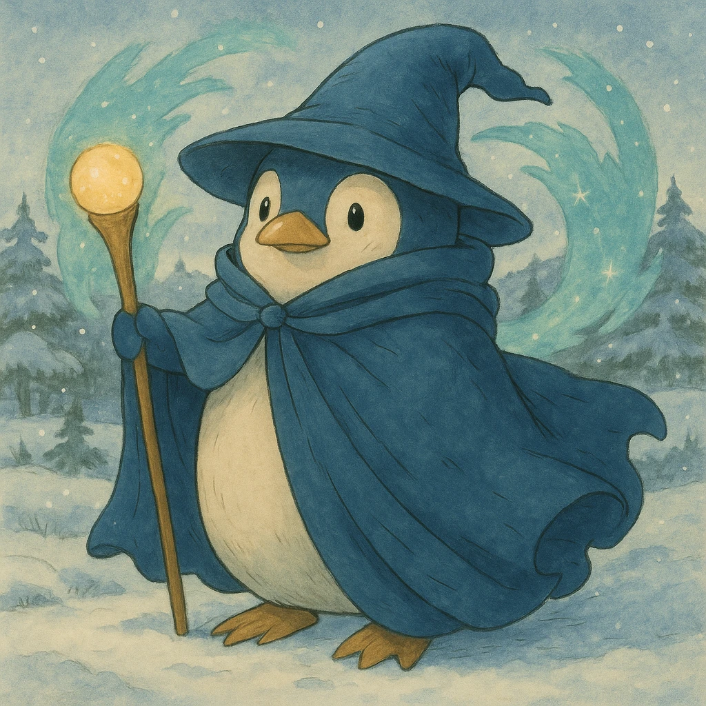 Add a snowy landscape background behind the ghibli style penguin wizard, keep all original colors and style emoji