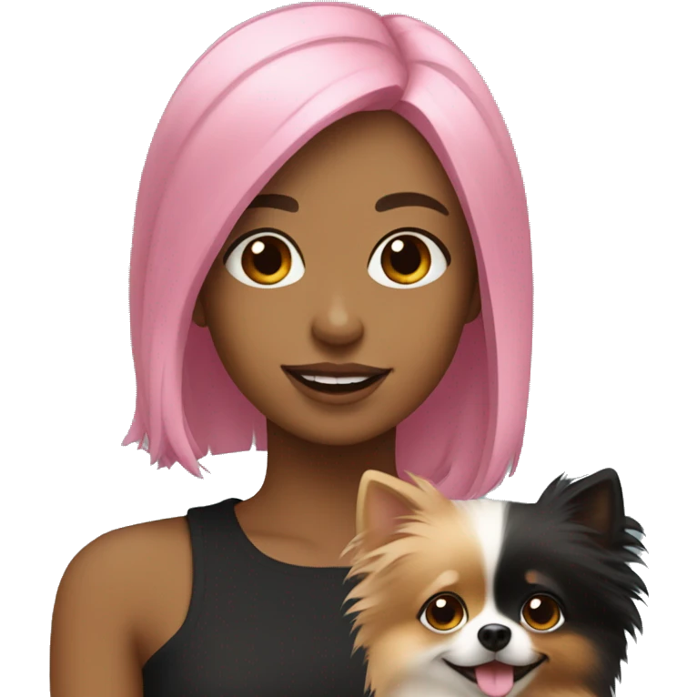 Girl with pink hair holding a black and tan pomeranian emoji