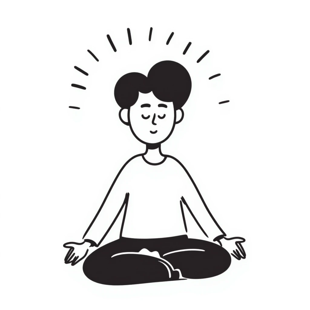 A person in a peaceful meditation pose with small waves of calmness radiating outward, representing mindfulness and stress relief. Simple hand-drawn doodle style. emoji