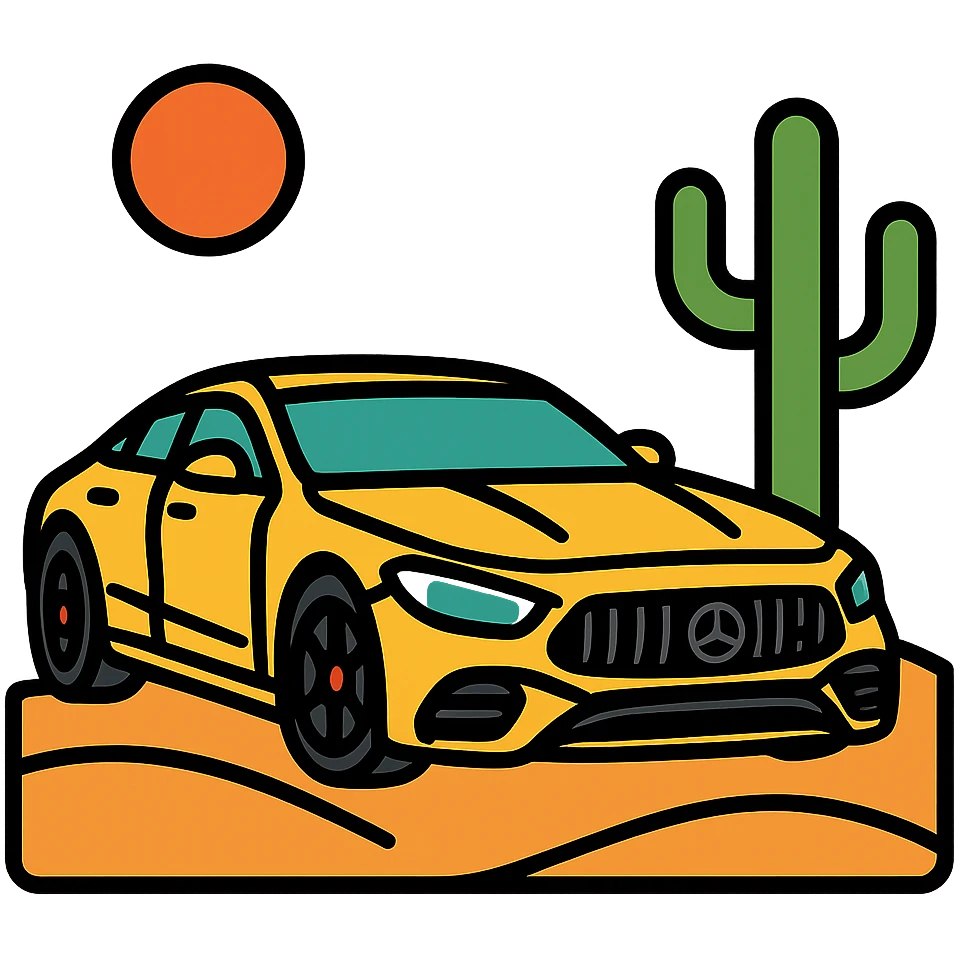 mercedes amg on desert next to cactus faun, cinematic emoji