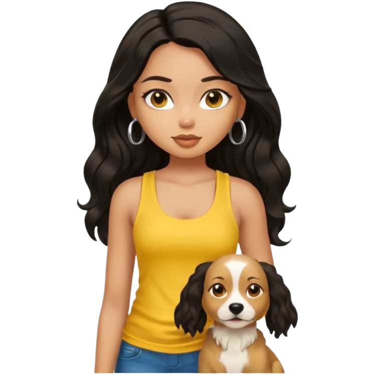 a tan pretty bratz girl with long wavy black hair, wearing a yellow tank top with a dog emoji