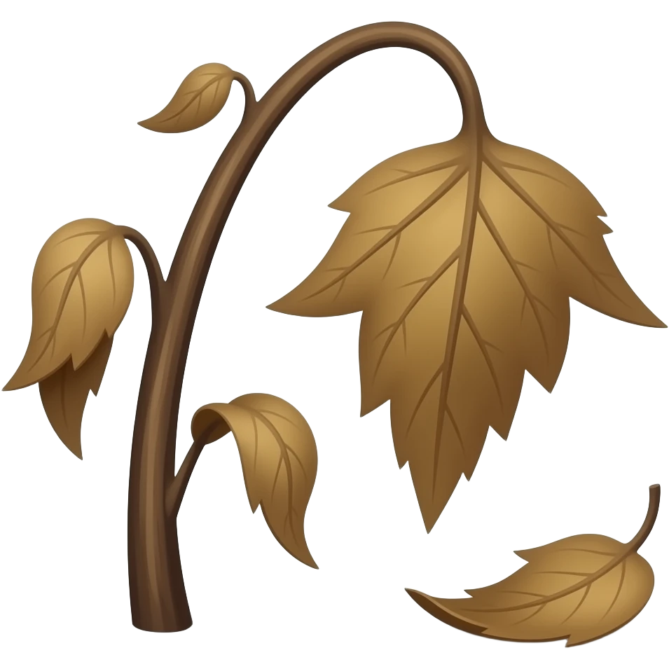 Wilted dead dark brown plantstem from the ground with leafs hanging and a leaf falling to the ground emoji