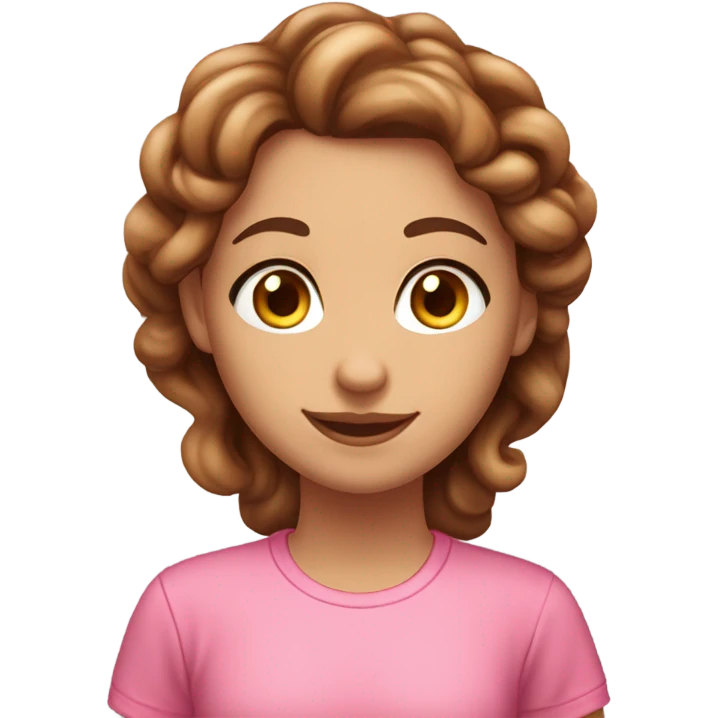 A girl with fair skin, a brunette with long curly hair and brown eyes. Eating sinabon in a pink T-shirt. emoji