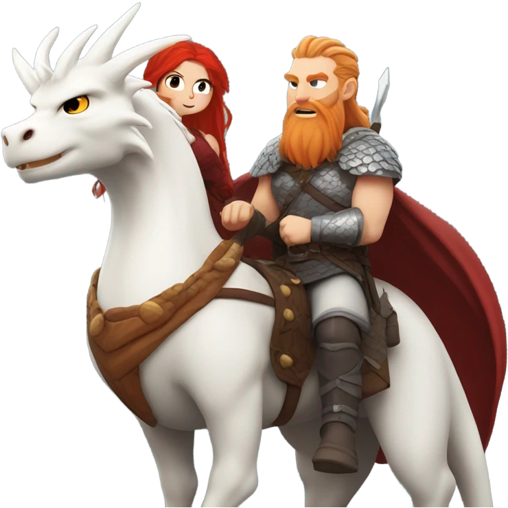  White Viking red head pale skin beautiful dragon  queen with a Viking solder with a gray man bun built white solder on a dragon  emoji