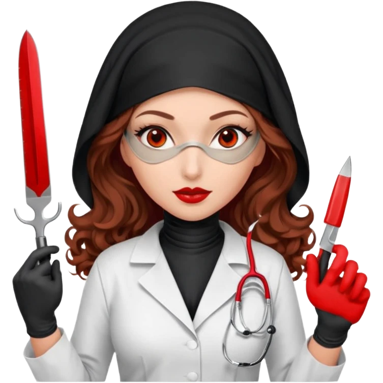 


Scary woman scalpel in hand, evil surgeon sexy surgeon clothes.  She has redcolored  eyes. Her  hair only is free ne brown long curly hair. Wears sexy doctor outfit with red gloves. make her wear full Muslim burka to mask and nose mouth mask  to hide. Wears white surgeon coat, wears  stilettos emoji