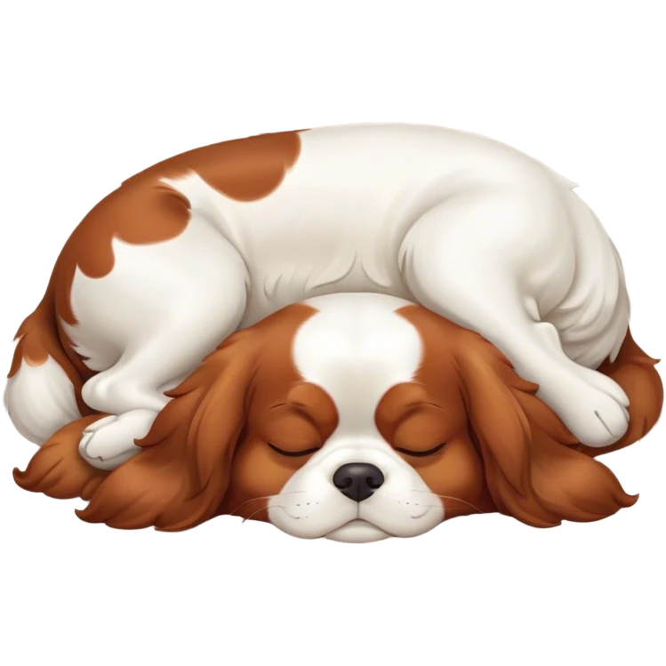 Cinematic Meme-Worthy Chubby Sleeping Cavalier King Charles Spaniel Portrait Emoji, Head resting peacefully with a contented smile, showcasing a delightfully chubby build and a luxuriously soft coat of chestnut and white, eyes shut in a serene nap, Simplified yet hilariously adorable features, highly detailed, glowing with a soft, drowsy light, high shine, relaxed and utterly lovable, stylized with an air of playful laziness, bright and heartwarming, soft glowing outline, capturing the essence of a comically sleepy Cavalier King Charles Spaniel, so meme-worthy it feels like it could instantly become the next viral sensation of adorable slumber! emoji