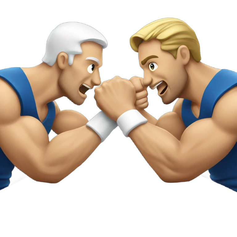 Two men armwrestling sit in front of a table. White men  emoji