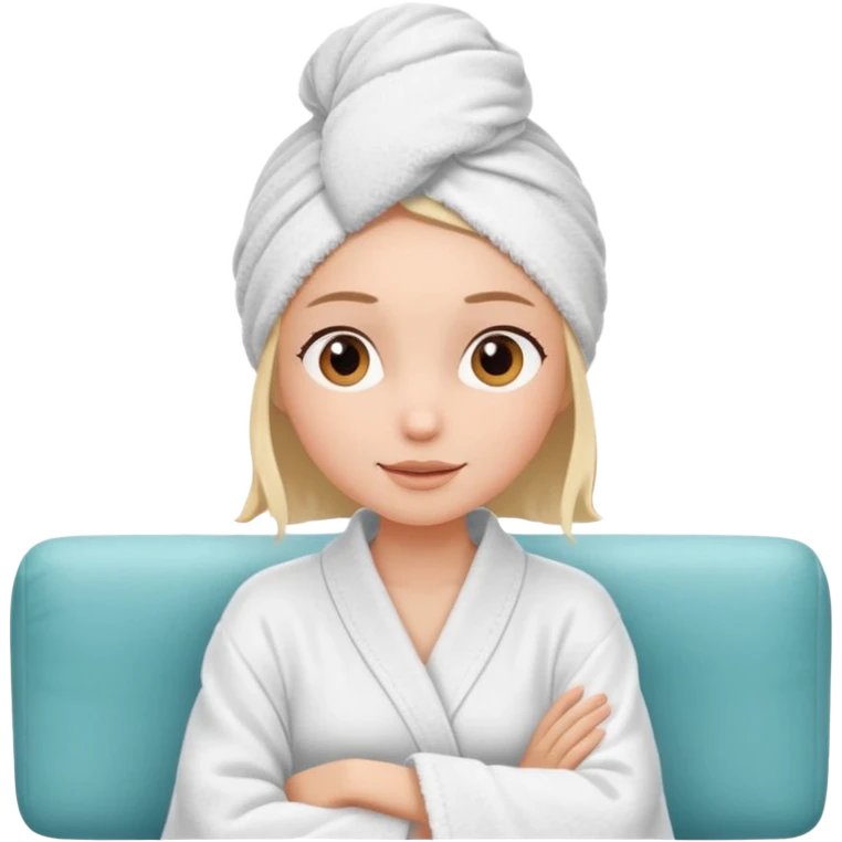 spa A contented and relaxed girl with a towel on her head in a white robe lies on a couch. The icon displays the couch and the girl in full three-quarter view. emoji
