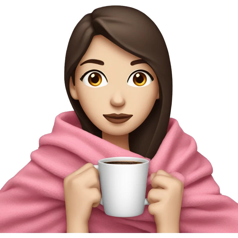 Woman with pale skin, blue eyes, and dark brown hair drinking coffee while wrapped in a pink blanket emoji