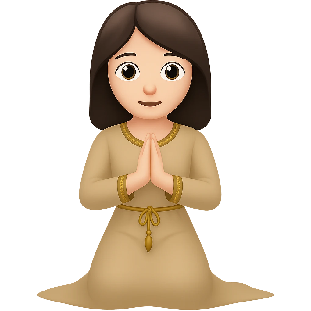 Change the dress color to tan, keep the woman kneeling and praying, long dark brown hair, emoji style, no background. The style should resemble emoji style with simple and clear features. emoji