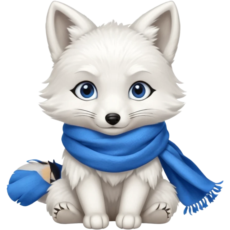 a white fox with blue eyes wearing a blue scarf in a sitting pose emoji
