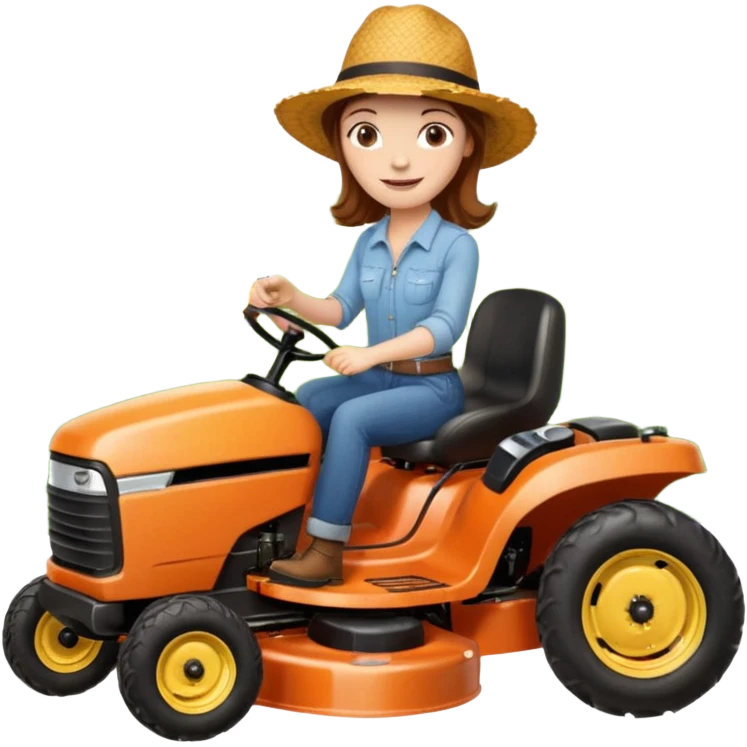 White woman with brown hair, without glasses wearing a straw hat, on old orange ride on lawn mower, holding a beer with one hand and holding the steering wheel with the other hand. Woman is smiling. Lawn mower has “Westwood” written on the engine cover emoji