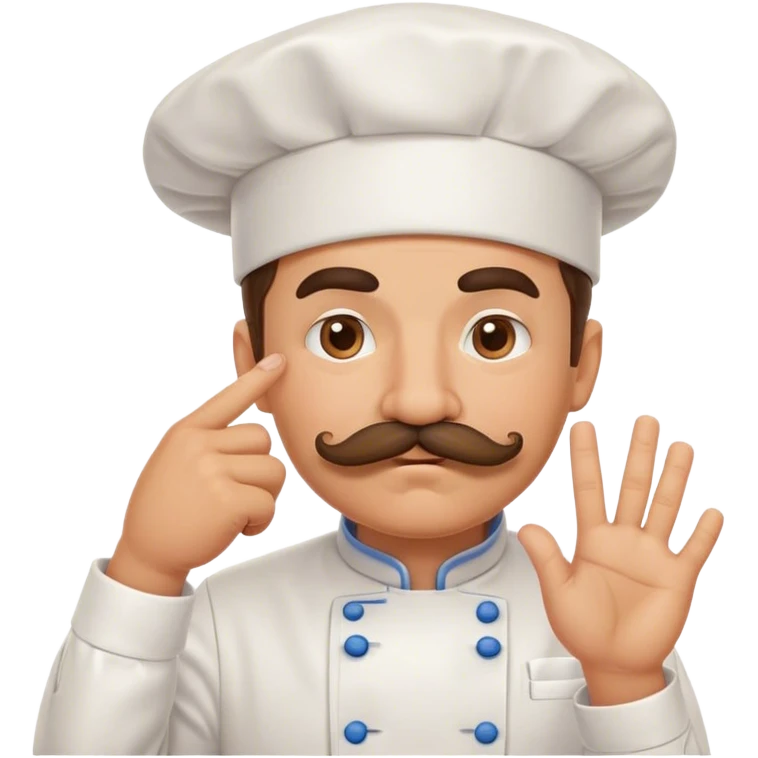 a chef in a chef chat with a mustache. the chef should be making a kissy face and position his hand as the pinched fingers emoji emoji