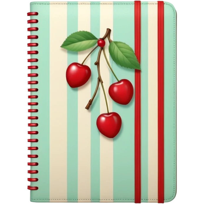 Cute vintage notebook cover, mint and cream vertical stripes, red spine
Hand-drawn cherries with leopard bow, playful feminine aesthetic
Flat illustration, clean composition, soft retro color palette emoji