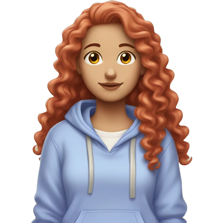 white girl with long red curly hair, wearing a pastel periwinkle hoodie doing a pose emoji