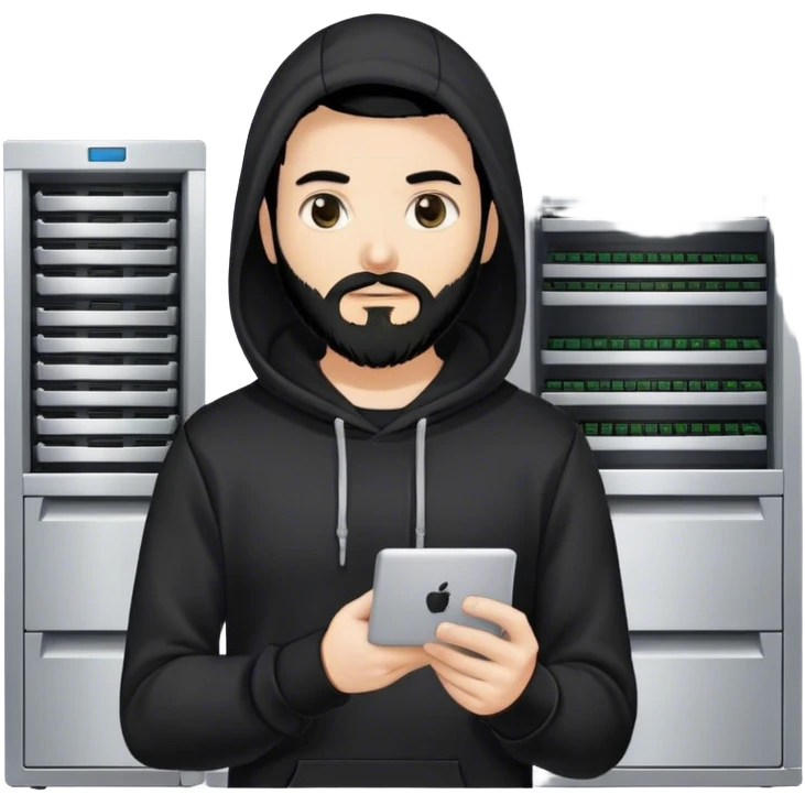 hackeur blanc cheveux noir barbe et capuche noir à côté d'un server emoji