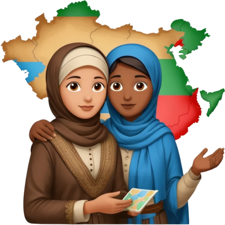 An emotional artistic illustration of an Indian man and an Afghan hijabi girl standing on the maps of India and Afghanistan, symbolically embracing despite the distance, showing love beyond borders. emoji