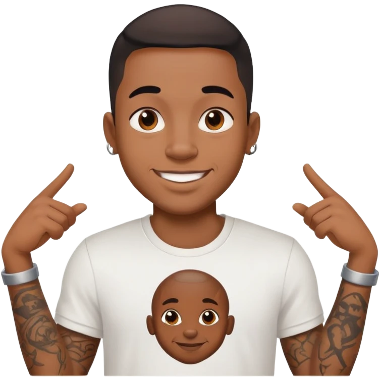 black man with small face tattoos, cheerful expression, wearing a t-shirt emoji