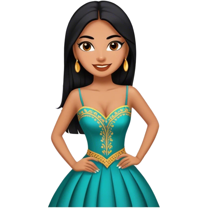 beautiful fit woman, with long straight black hair, with make up, black eye liner, smile mooth close, mexican, brown skin, wearing beautiful couture outfit, flirting emoji