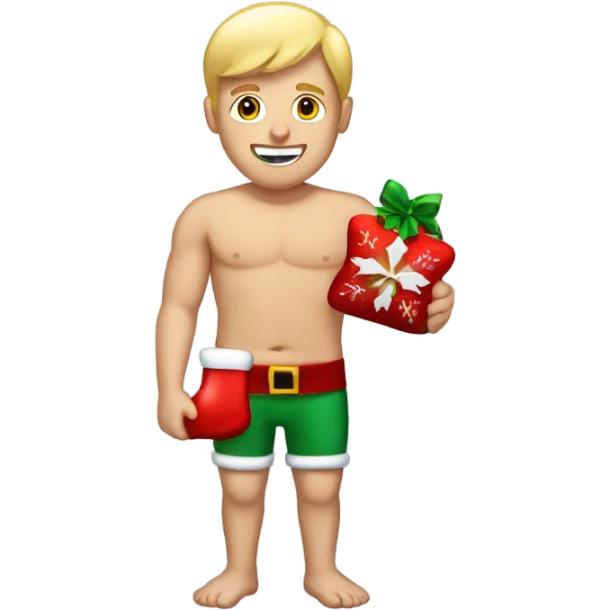 Shirtless blonde male holding a christmas stocking in his hands emoji