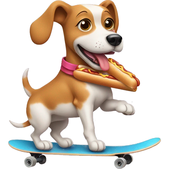 A dog riding a skateboard holding a hotdog  emoji