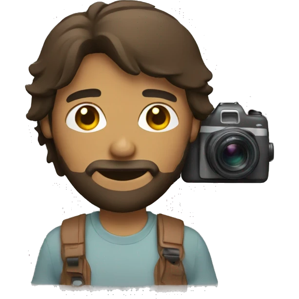 brown guy with mullet and beard holding a photo camera emoji