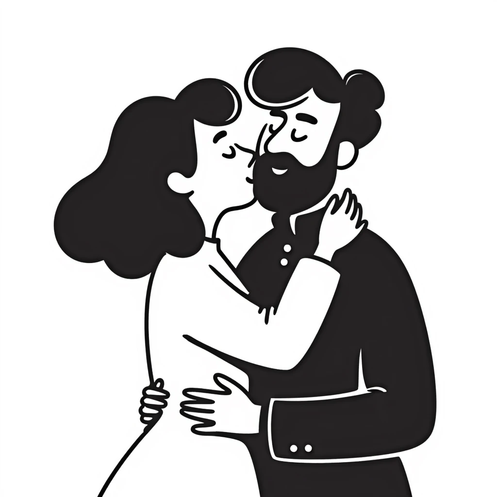 curly haired girl kissing a man with a beard, romantic couple kiss emoji