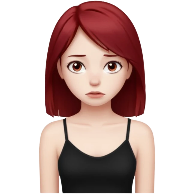 a pretty bratz fair girl with dark red straight hair, black cami top, looking sad emoji