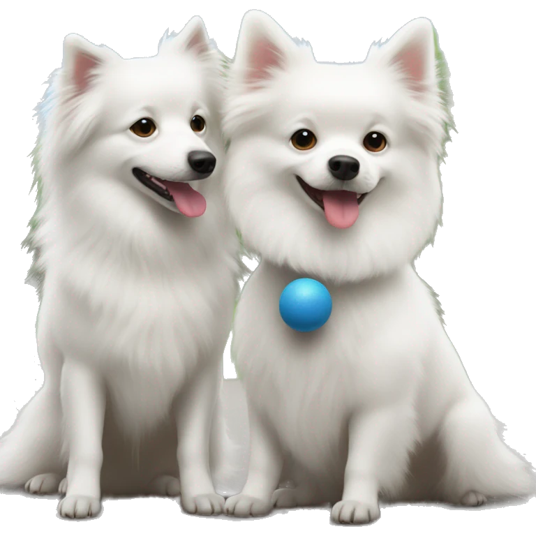 White Spitz with another white dog, taller than him, playing together with a ball emoji