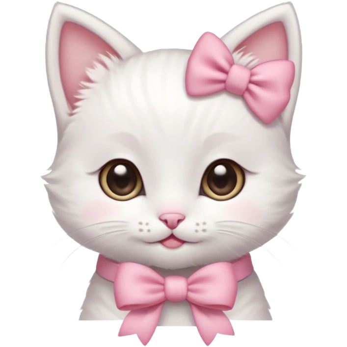 A tiny white kitten with innocent eyes, rosy pink cheeks, and an adorable smile, sporting a dainty pink bow on its head emoji