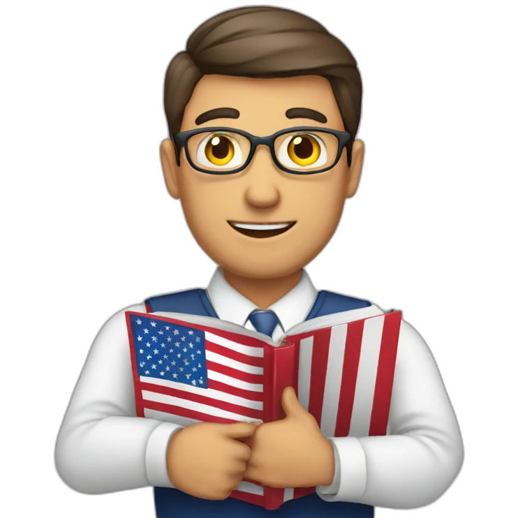 male english teacher with book and american flag emoji