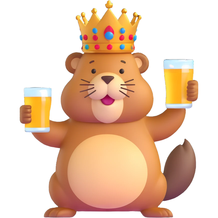 beaver with a crown on head holding a glass of beer emoji