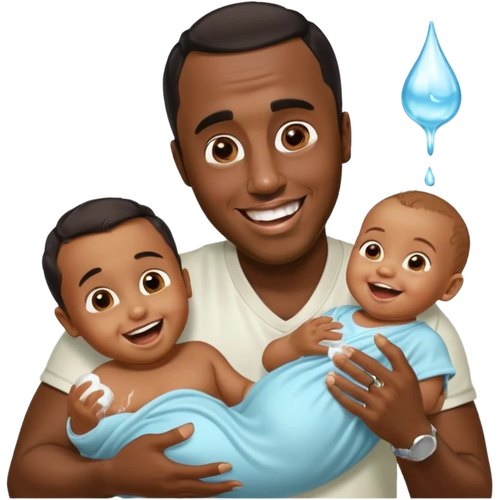 Sean “Diddy” Combs with baby oil and a very small infant and he’s pouring the baby oil on the infant that is laughing with a very exaggerated expression emoji