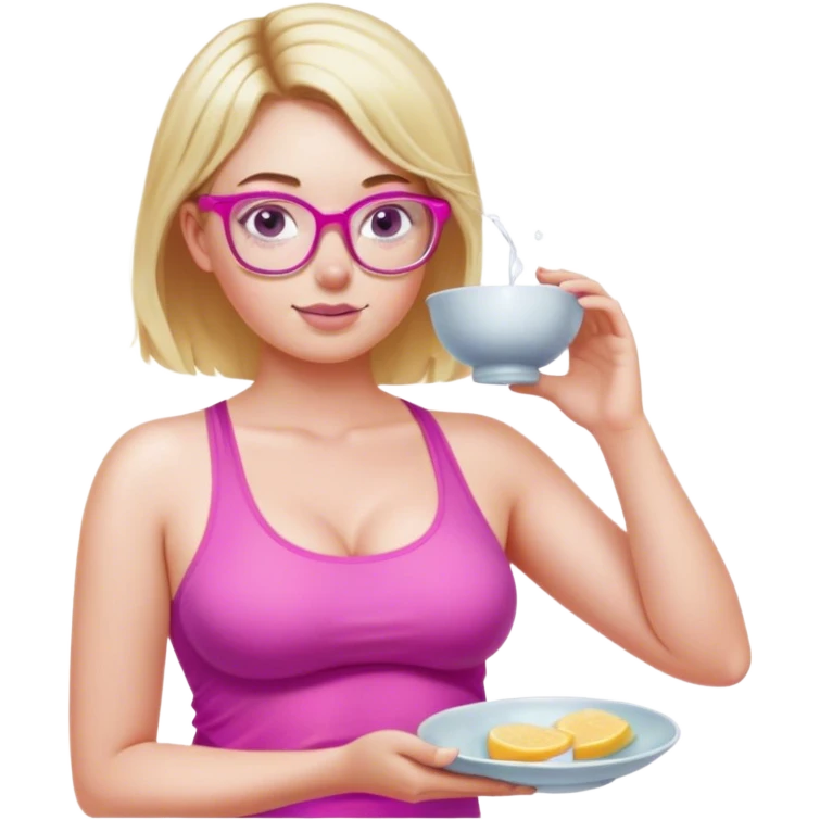 Curvy fair skinned woman, freckled skin, short blond hair, small light purple reading glasses, washing dishes, short flowing sheer hot pink tank top, without undergarments SFW, black yoga pants, thick booty emoji