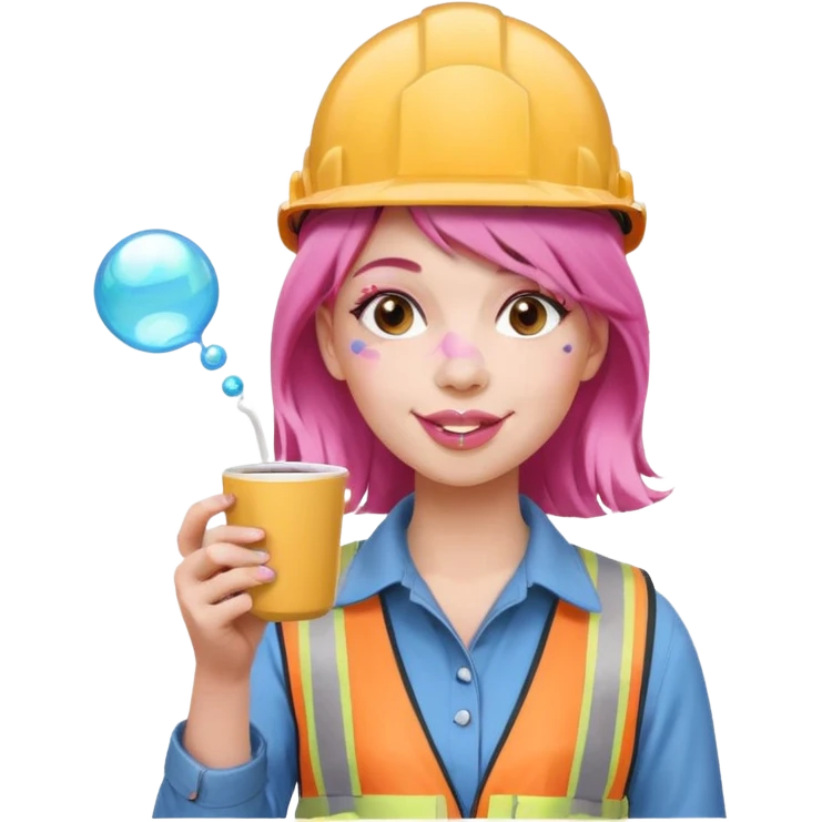 сделай молодую девушку с розовыми волосами, накрашенную красиво, с стаканчиком кофе, в каске, надувающую пузырь из жвачки emoji